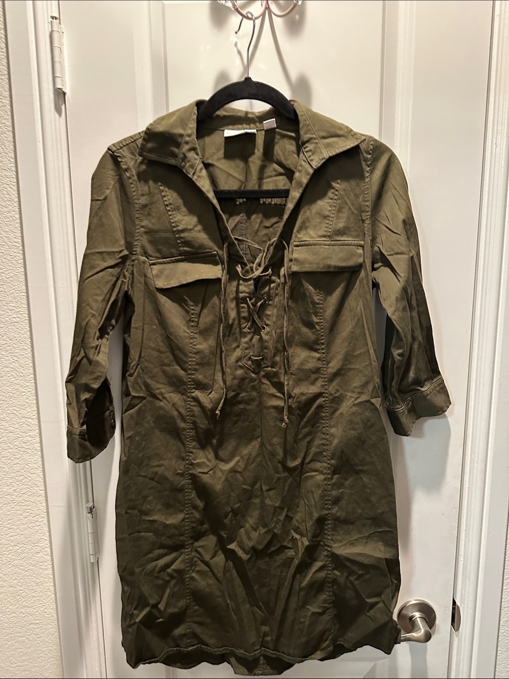New York & Company Olive Green Lace-Up Utility dress